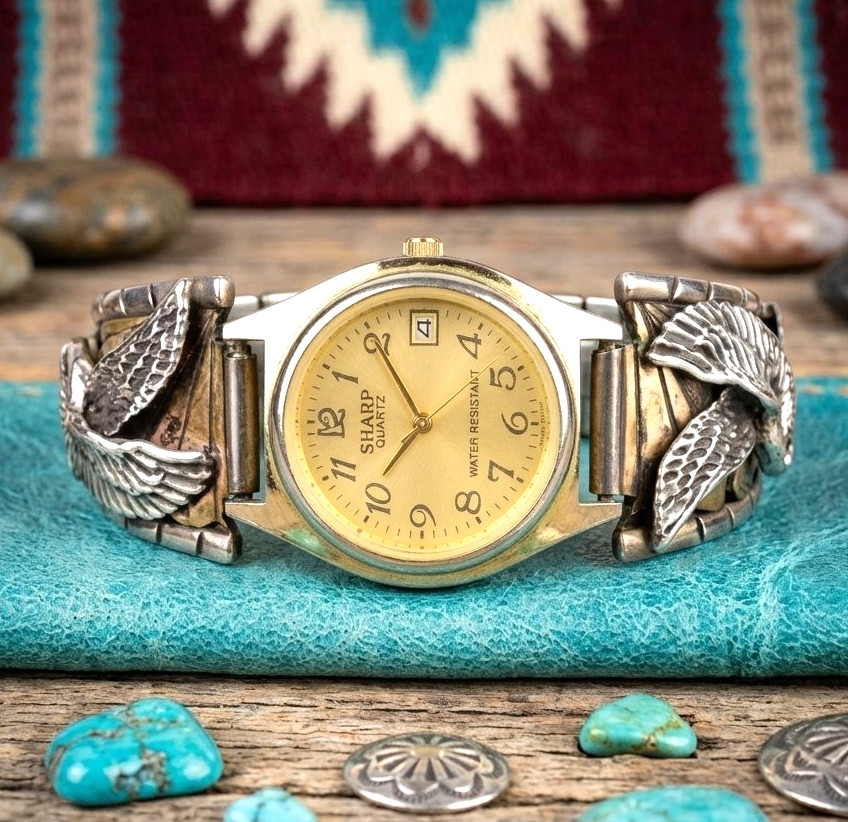 Navajo Watch Tips Luke Eagle Sterling Silver Vintage Signed LE Southwestern Navajo Watch Tips Luke Eagle Sterling Silver Vintage Signed LE Southwestern