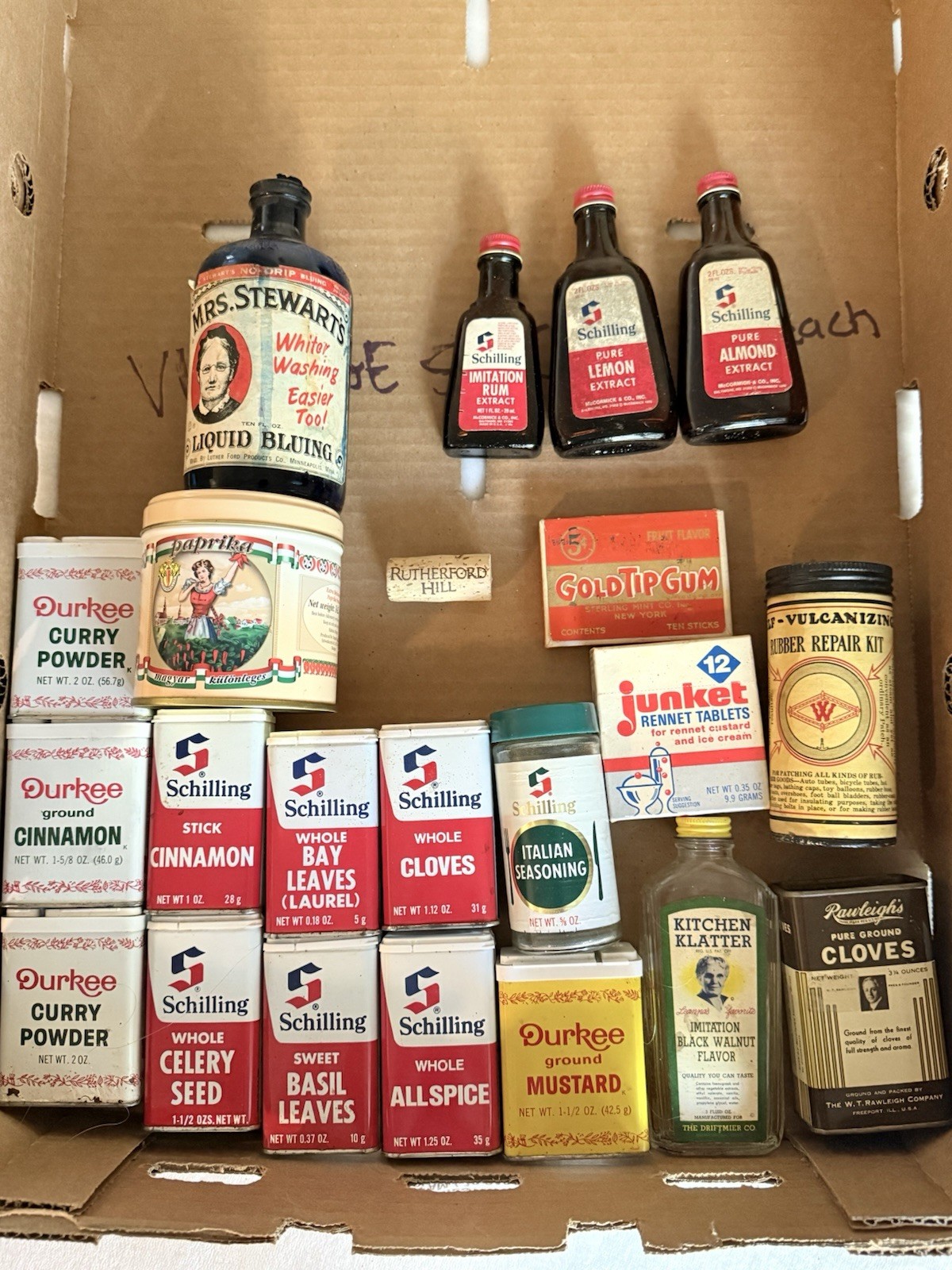 Vintage Lot Schilling Durkee Spice Tins Extracts Mrs Stewarts Bluing Gum