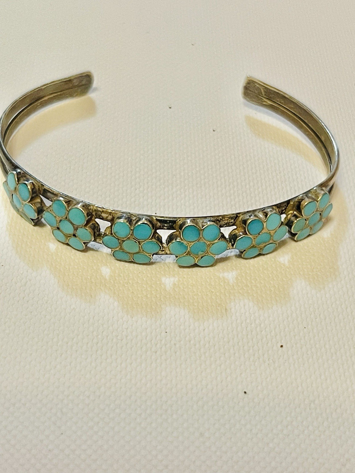 VTG Native American Zuni Sterling  Cuff Bracelet Turquoise Flowers Sz 5.75-6”
