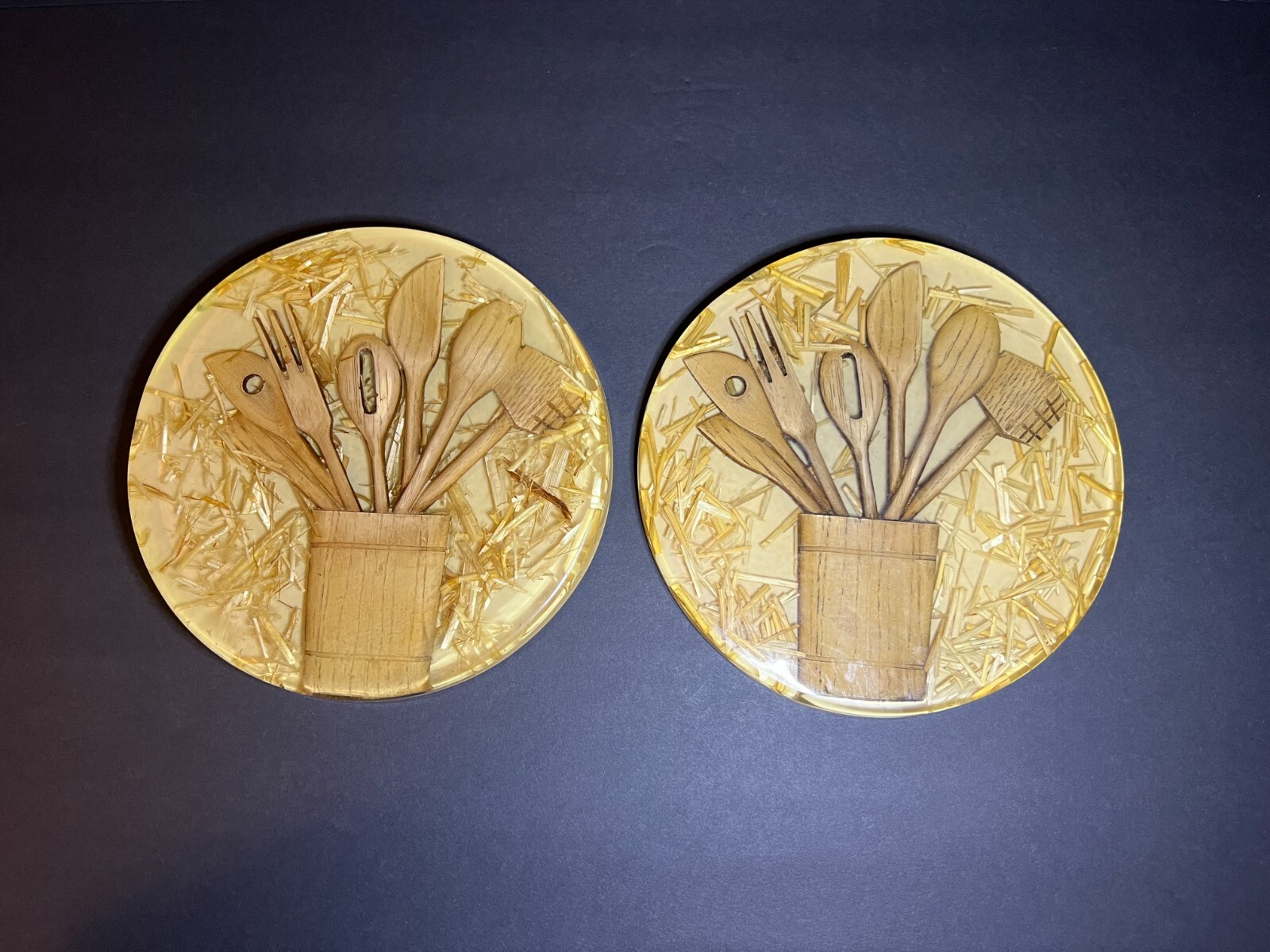 VTG 1970s Set of 2 Farmhouse Lucite Acrylic Resin Wooden Kitchen Tools Trivets