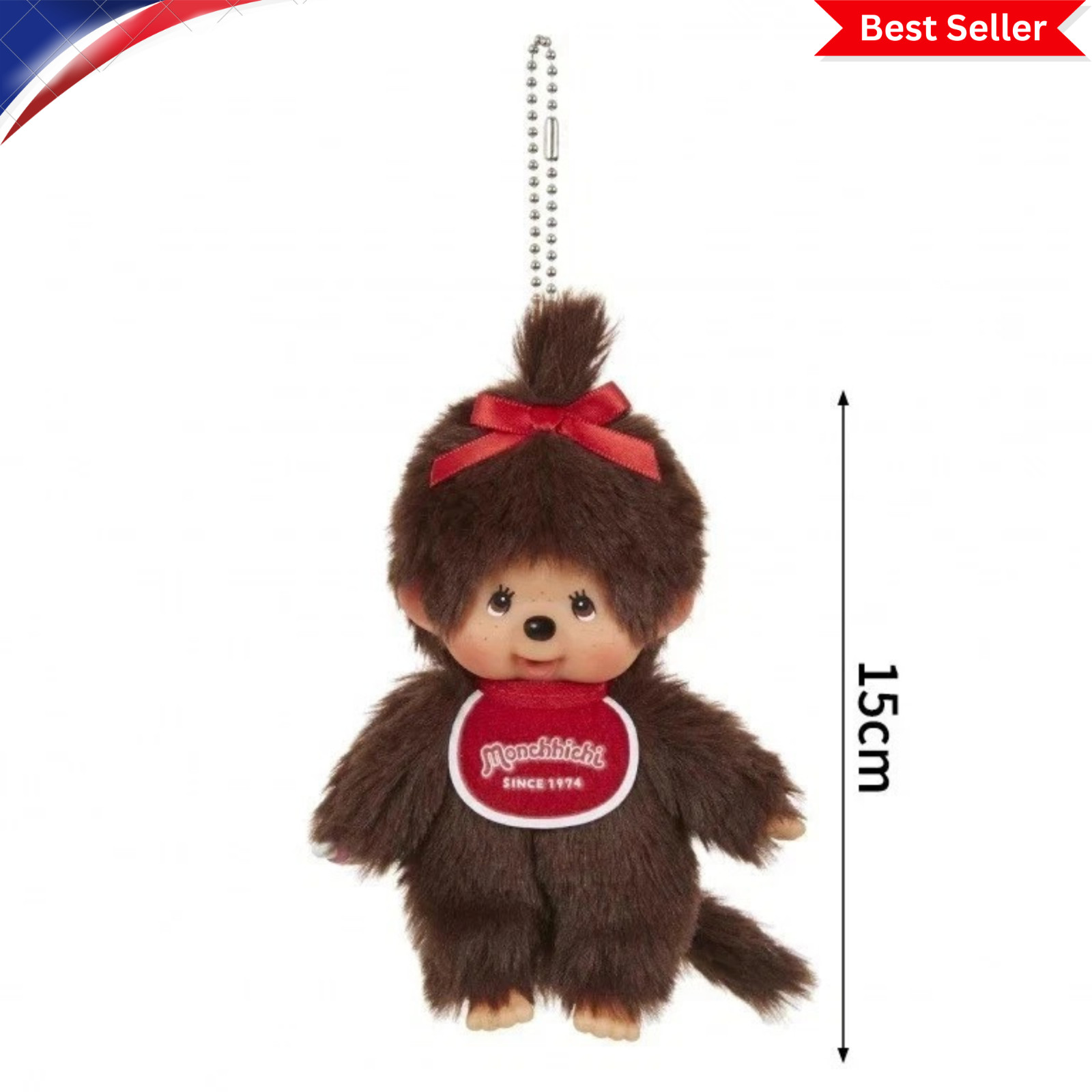Sekiguchi Monchhichi SS Brown Girl Plush Doll with Keychain Japan Kawaii