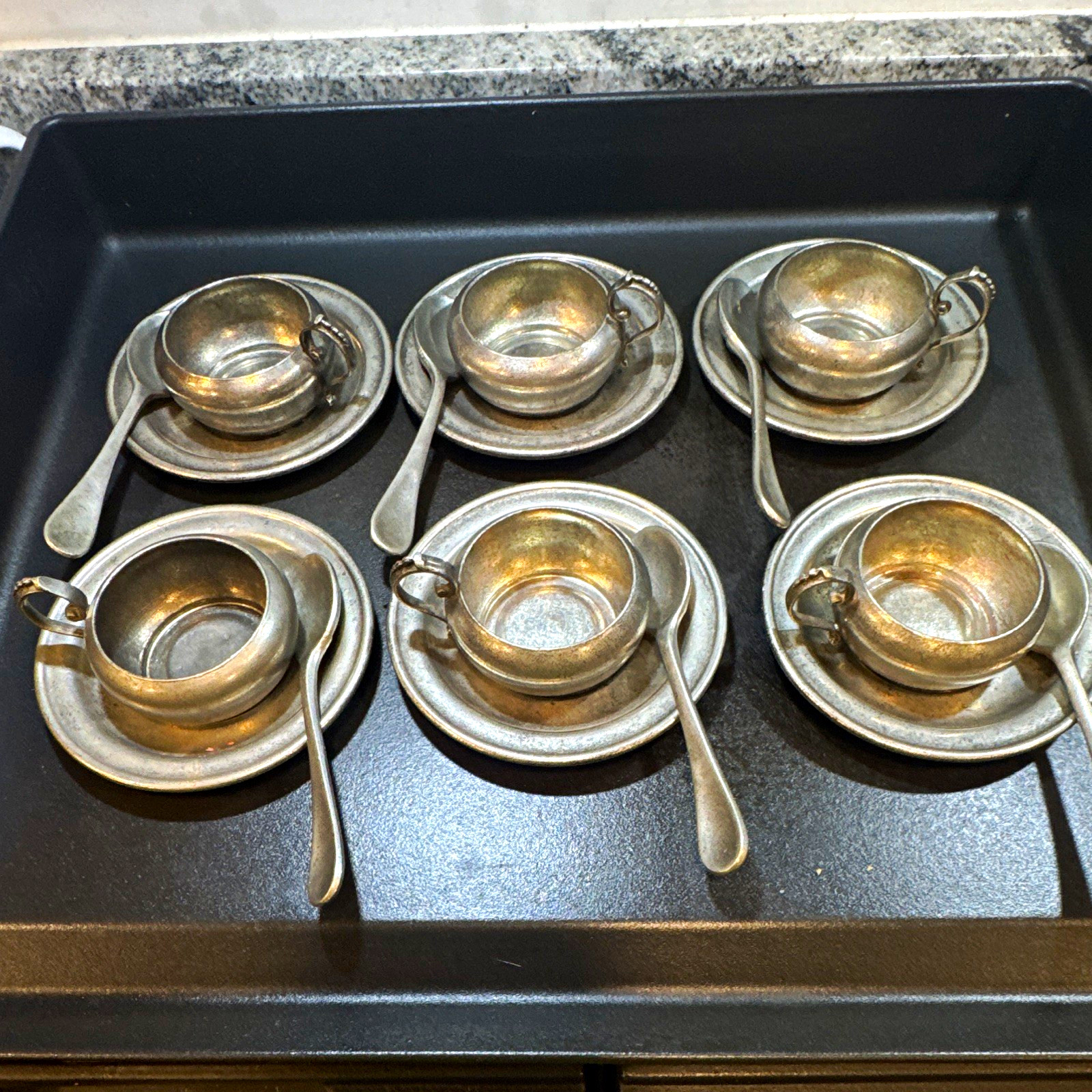 Vintage 18pc Les Etains d'Europe 95% Pewter Glogg Set 6 Cups 6 Saucers 6 Spoons Vintage 18pc Les Etains d'Europe 95% Pewter Glogg Set 6 Cups 6 Saucers 6 Spoons