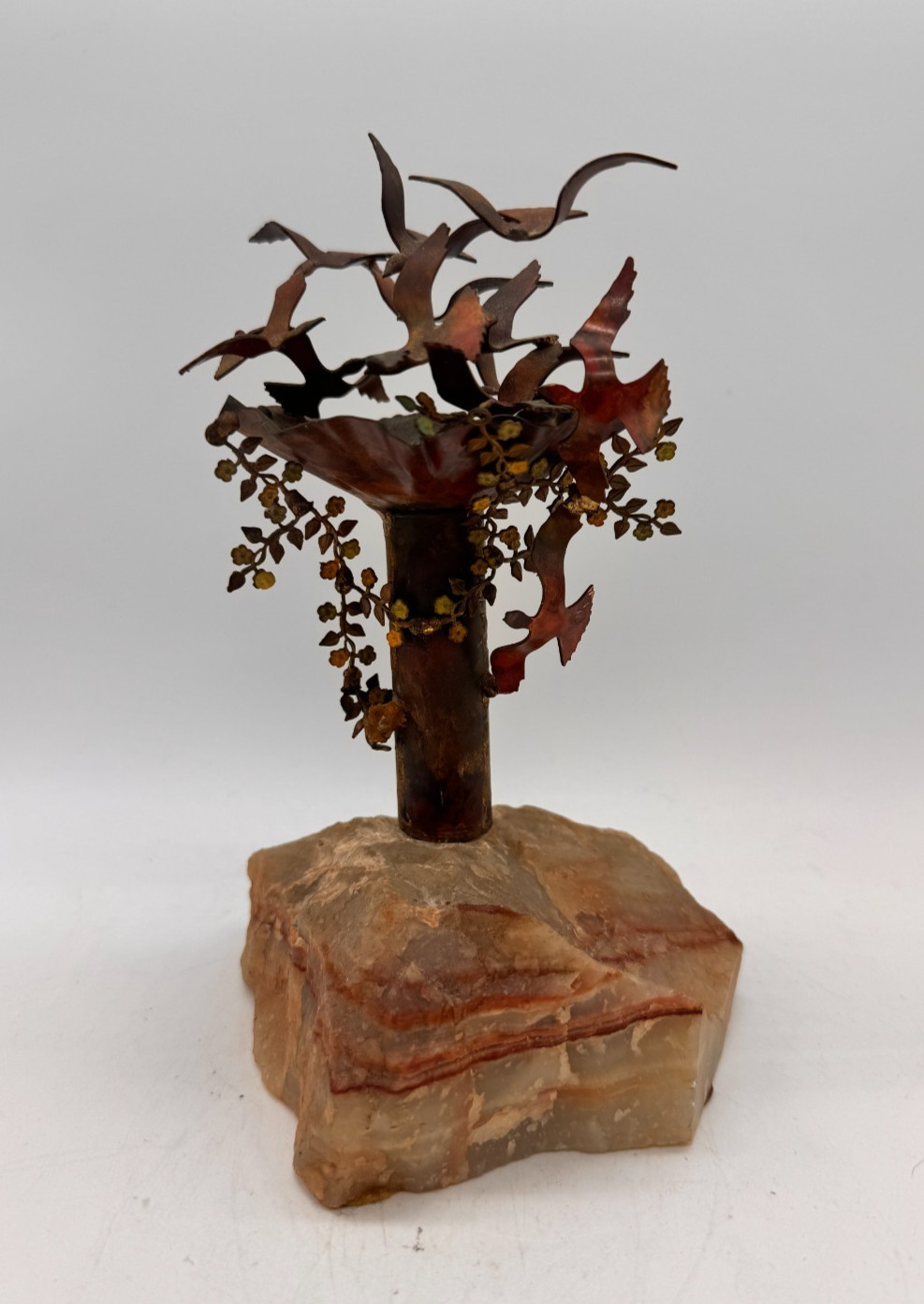 Brian Bijan - Unsigned - Metal Sculpture on Stone Base Birdbath Birds in Flight