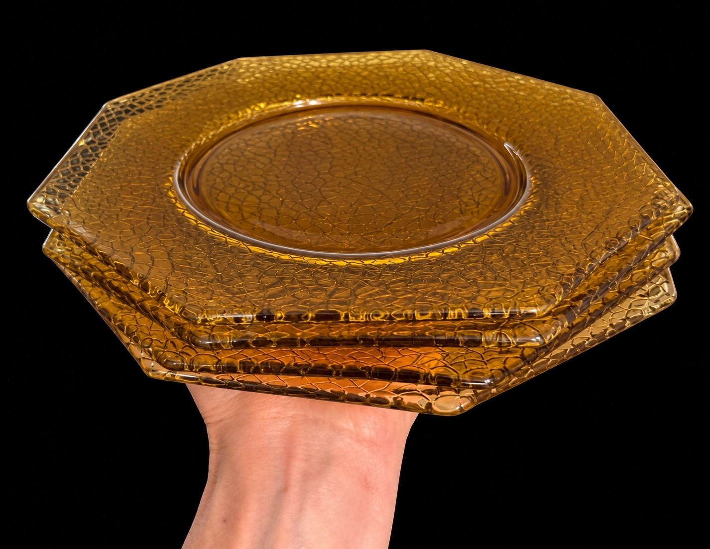 Vintage Amber Crackle Glass Octagonal Salad Plates Set of 3 Vintage Amber Crackle Glass Octagonal Salad Plates Set of 3