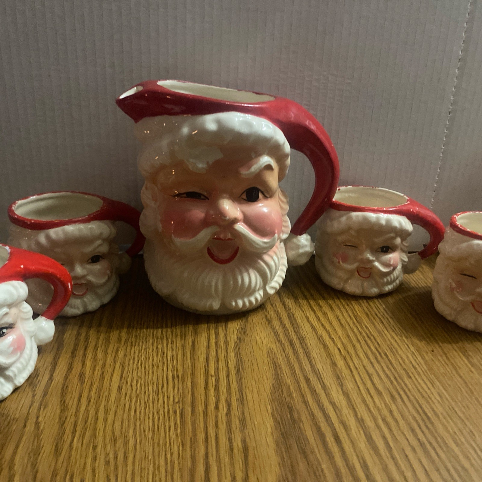 Rare Vintage Winking Santa Pitcher & Mugs Napco Ceramics