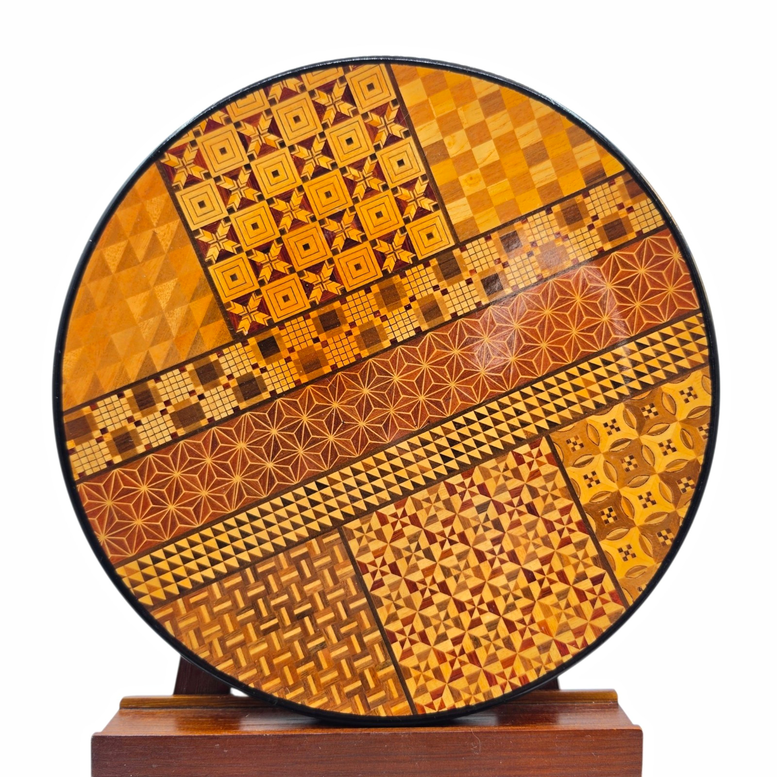Vintage Japanese Hakone yosegi-zaiku wooden round plate tray 10 inches
