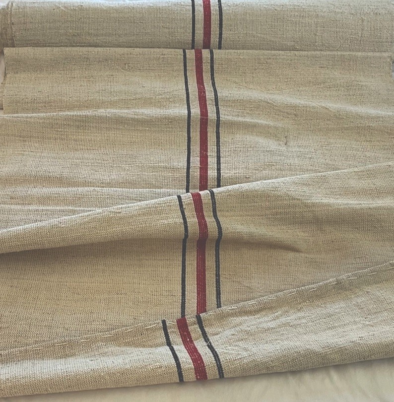 Antique European Nubby Grain Sack Fabric Yardage Red & Black Stripes 5 Yds Linen