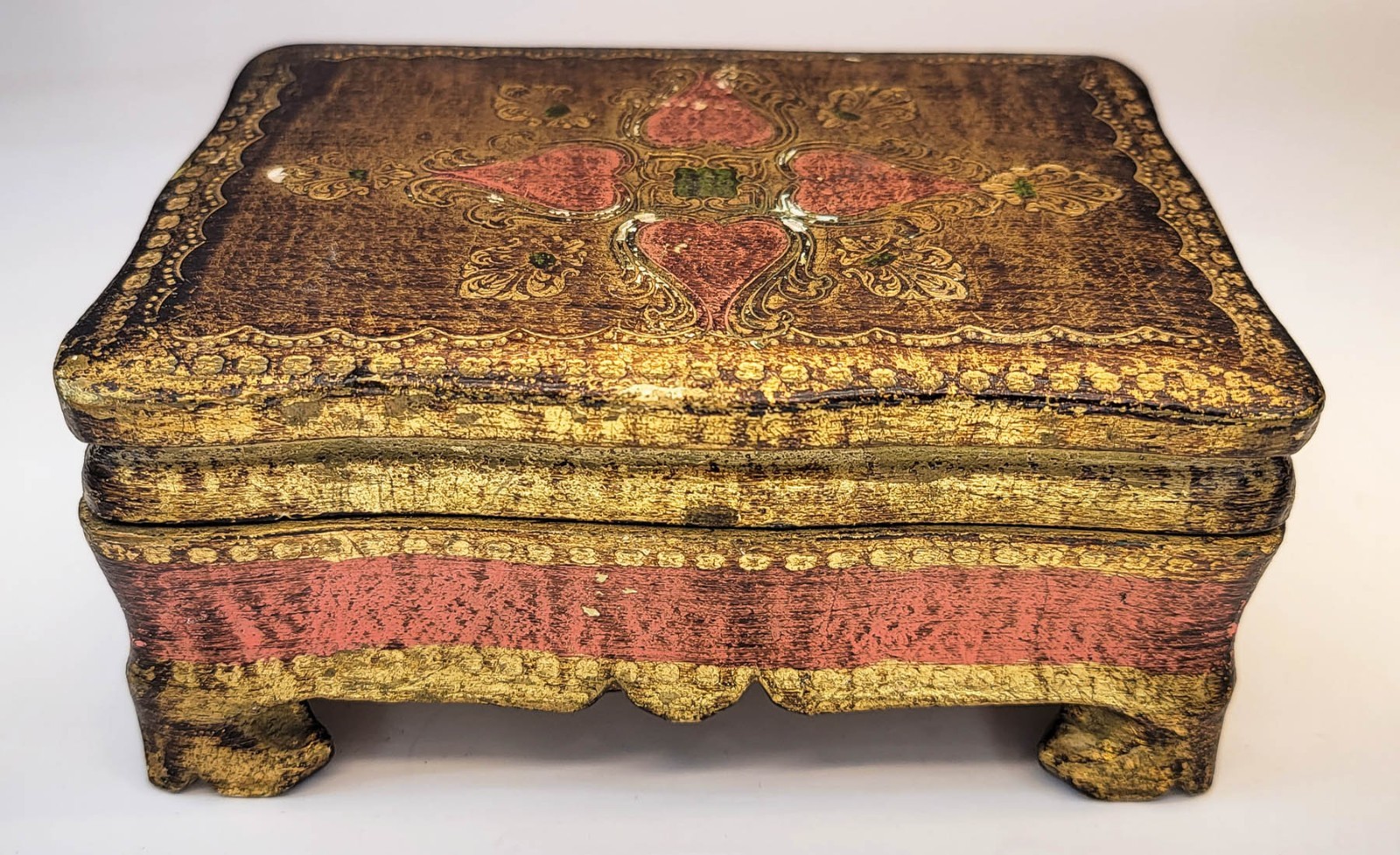Vintage Italian Florentine Wood Trinket Box Pink Gold Gilt Jewelry Case Italy