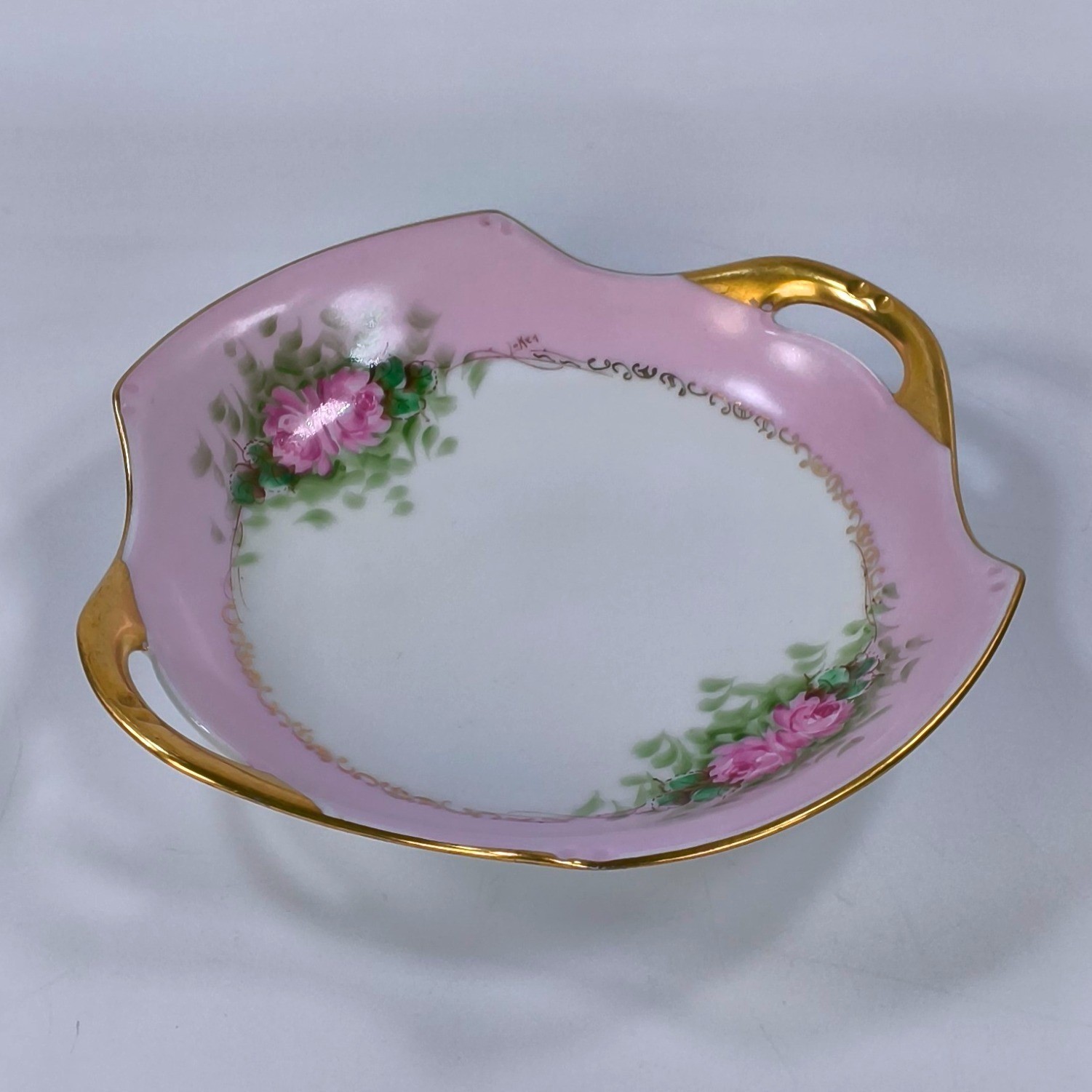 Vintage Japan Porcelain Hand Painted Pink Rose Bonbon Dish Gold Gilt Handles Vintage Japan Porcelain Hand Painted Pink Rose Bonbon Dish Gold Gilt Handles