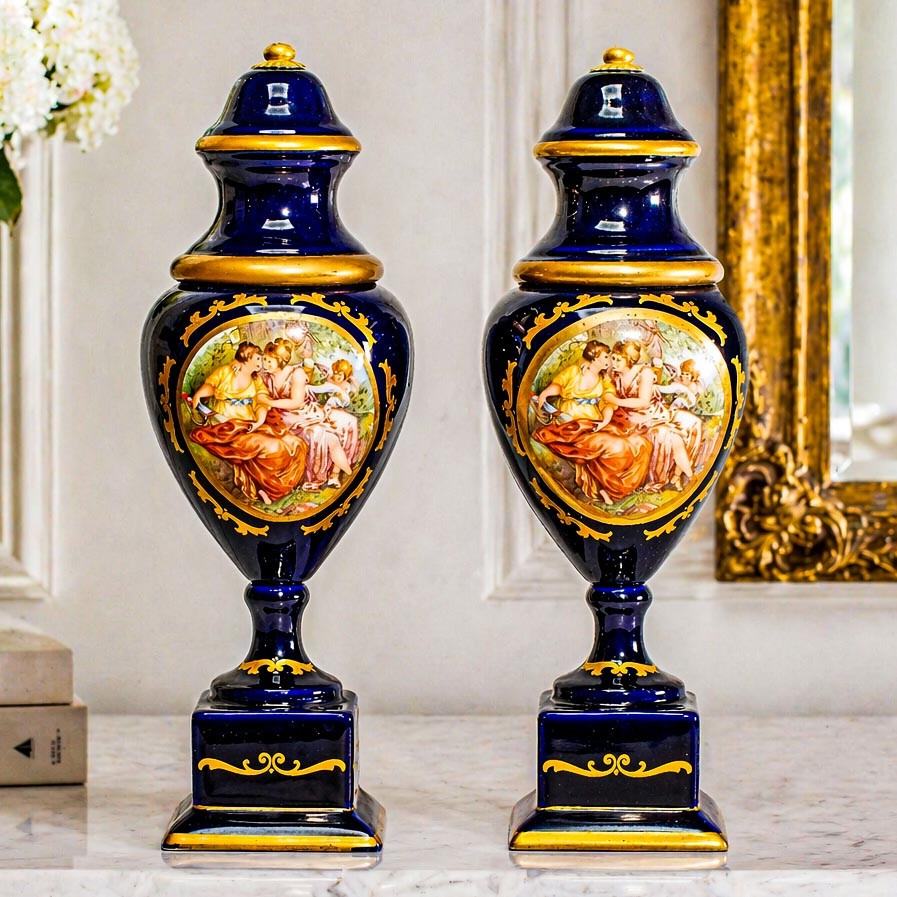 Decorative Pair Antique Italian Blue and Gold Hand Painted Porcelain Urns Decorative Pair Antique Italian Blue and Gold Hand Painted Porcelain Urns