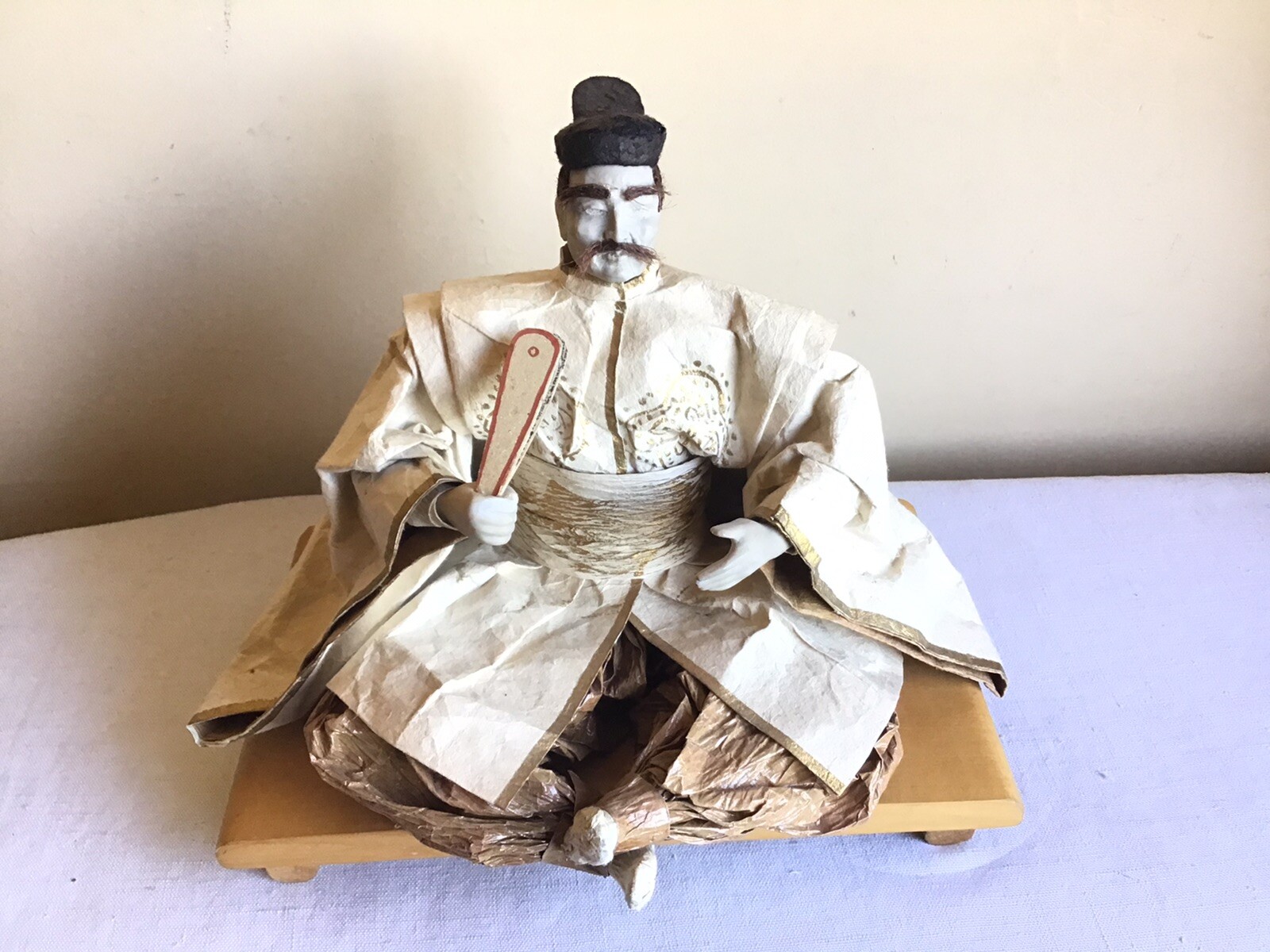 Vtg Handcrafted Japanese Sitting Emperor Softbody Paper Mache Doll Wooden Base
