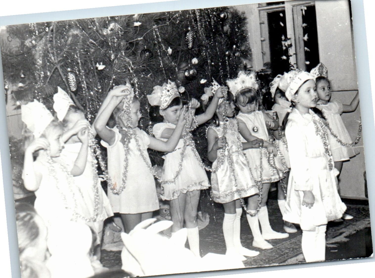 Soviet USSR Photo 7 Girls in Festive Dresses and Crowns Holding Tinsel