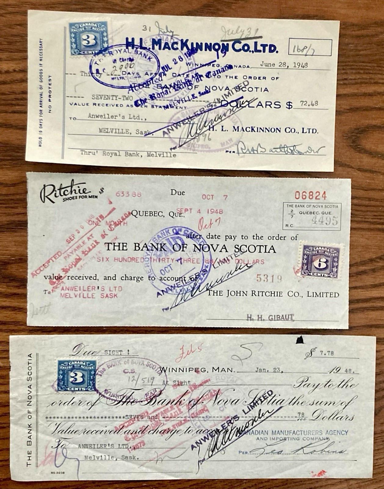 The Bank of Nova Scotia 1948 Bank Checks Lot of 3 With Revenues The Bank of Nova Scotia 1948 Bank Checks Lot of 3 With Revenues