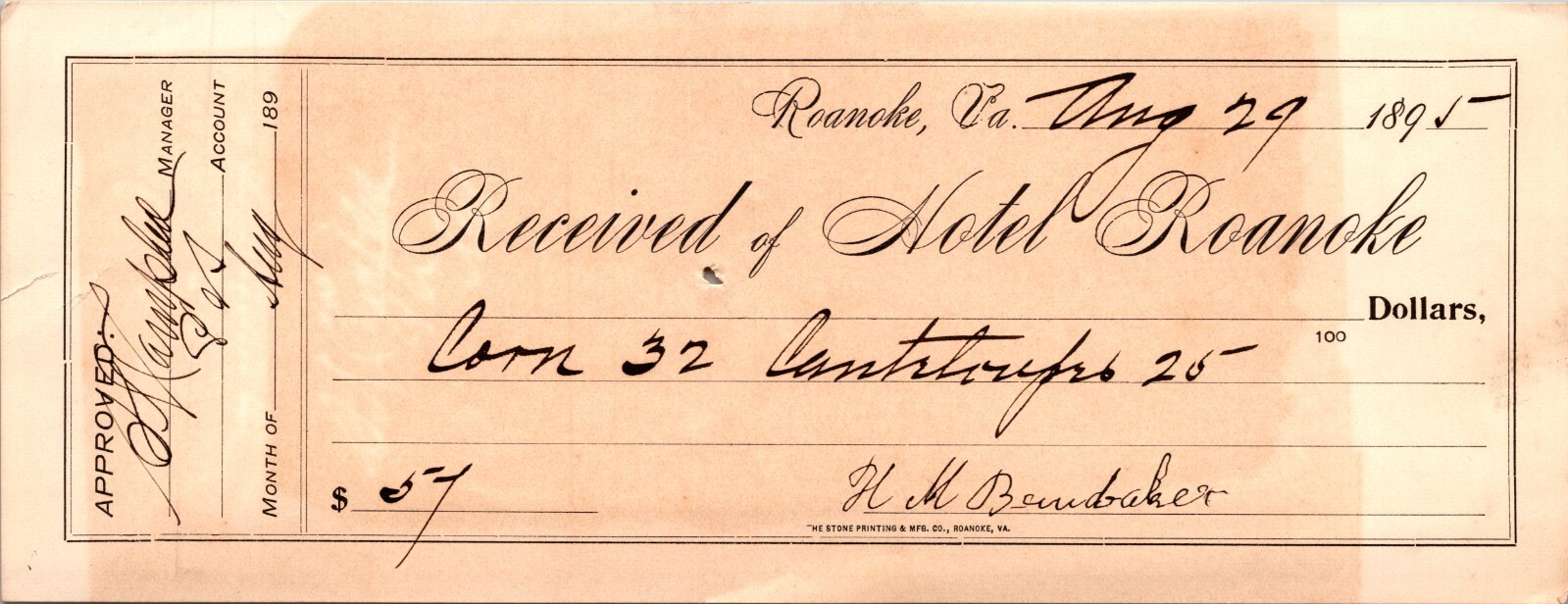1895 Signed  Roanoke VA Hotel H M Brumbaker Genealogy Virginia Receipt Corn