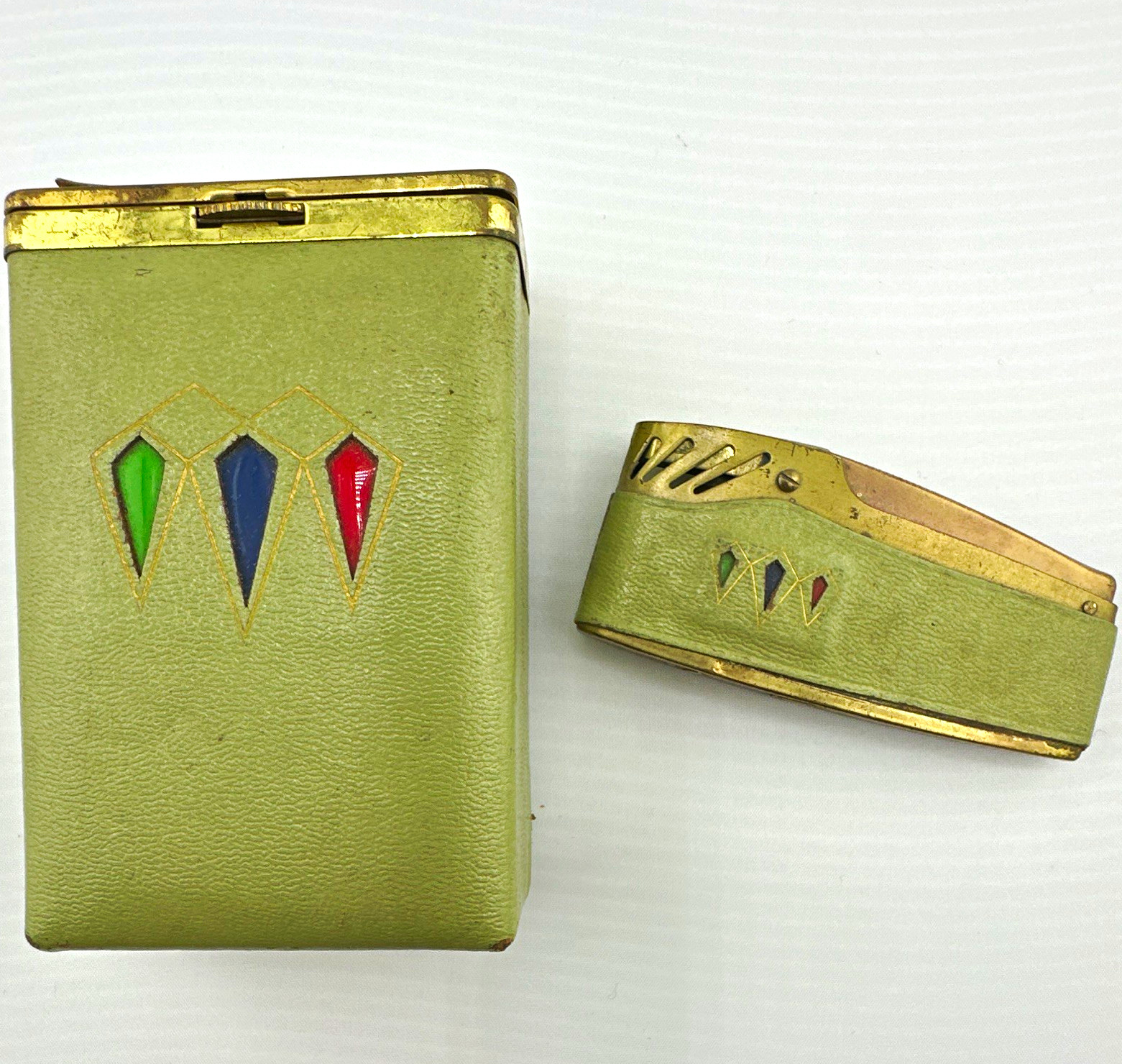 Vintage Princess Gardner Green Faux Leather Cigarette Case & Lighter w/ Inlay