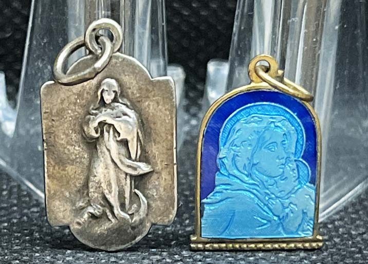 Italy antique lot x2 Immaculate Conception (silver) & Virgin & baby (enamel) Italy antique lot x2 Immaculate Conception (silver) & Virgin & baby (enamel)