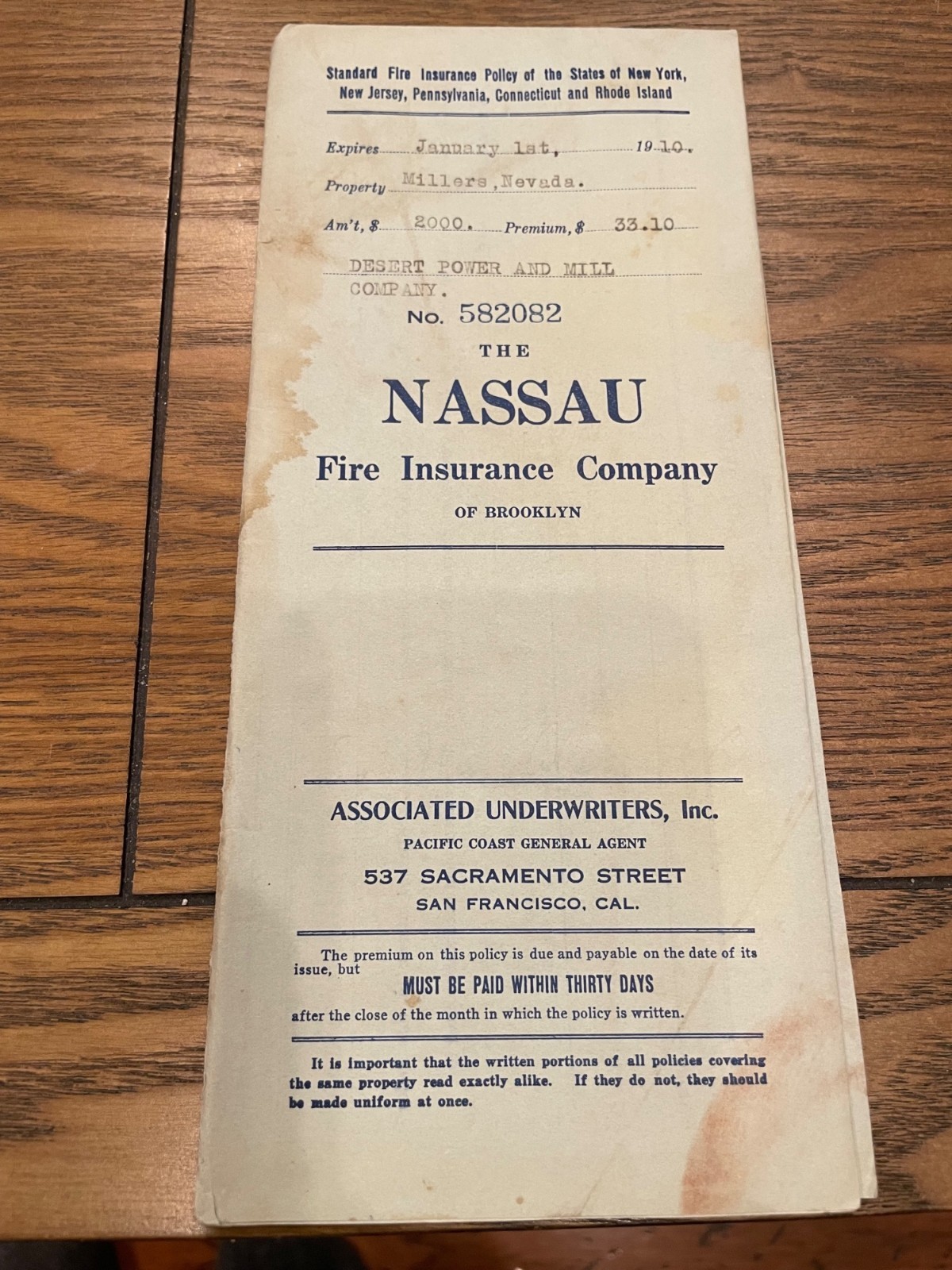 Antique 1908 Nassau Fire Insurance Policy Document Millers Nevada Signed Brookly