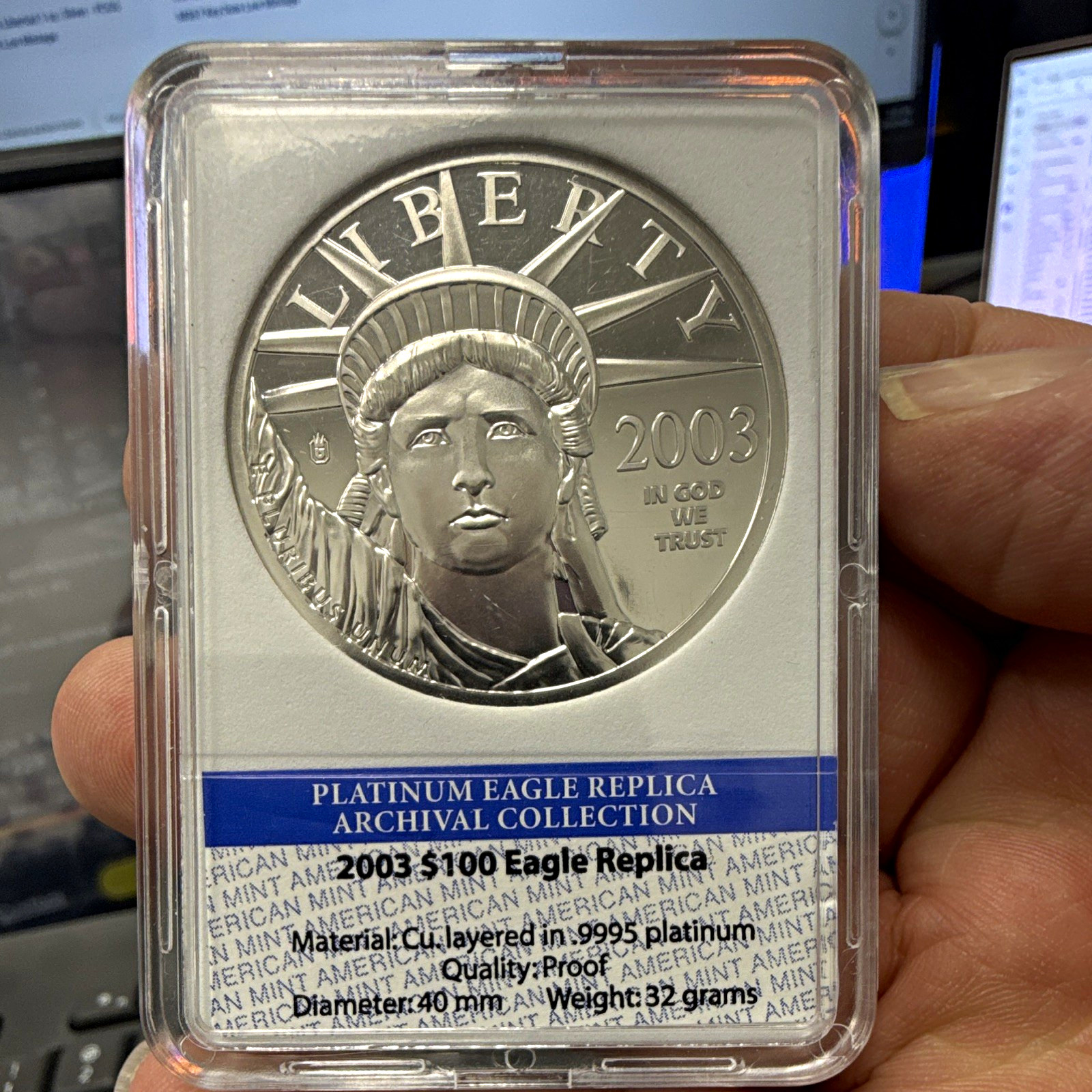 American Mint 2003 $100 Platinum Eagle Replica Proof Archival 40mm 32g