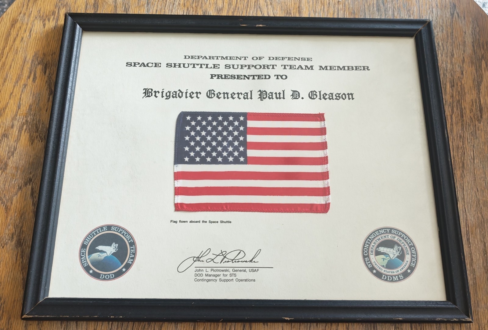 Vintage Space Shuttle Flown American Flag – Presentation to General Paul Gleason