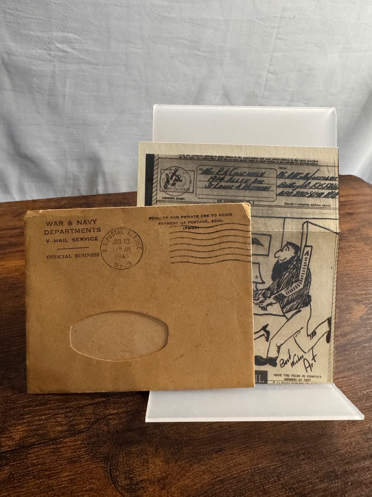 WWII Illustrated V-Mail Letter & Envelope V-Day Cartoon Jan 1945 Original
