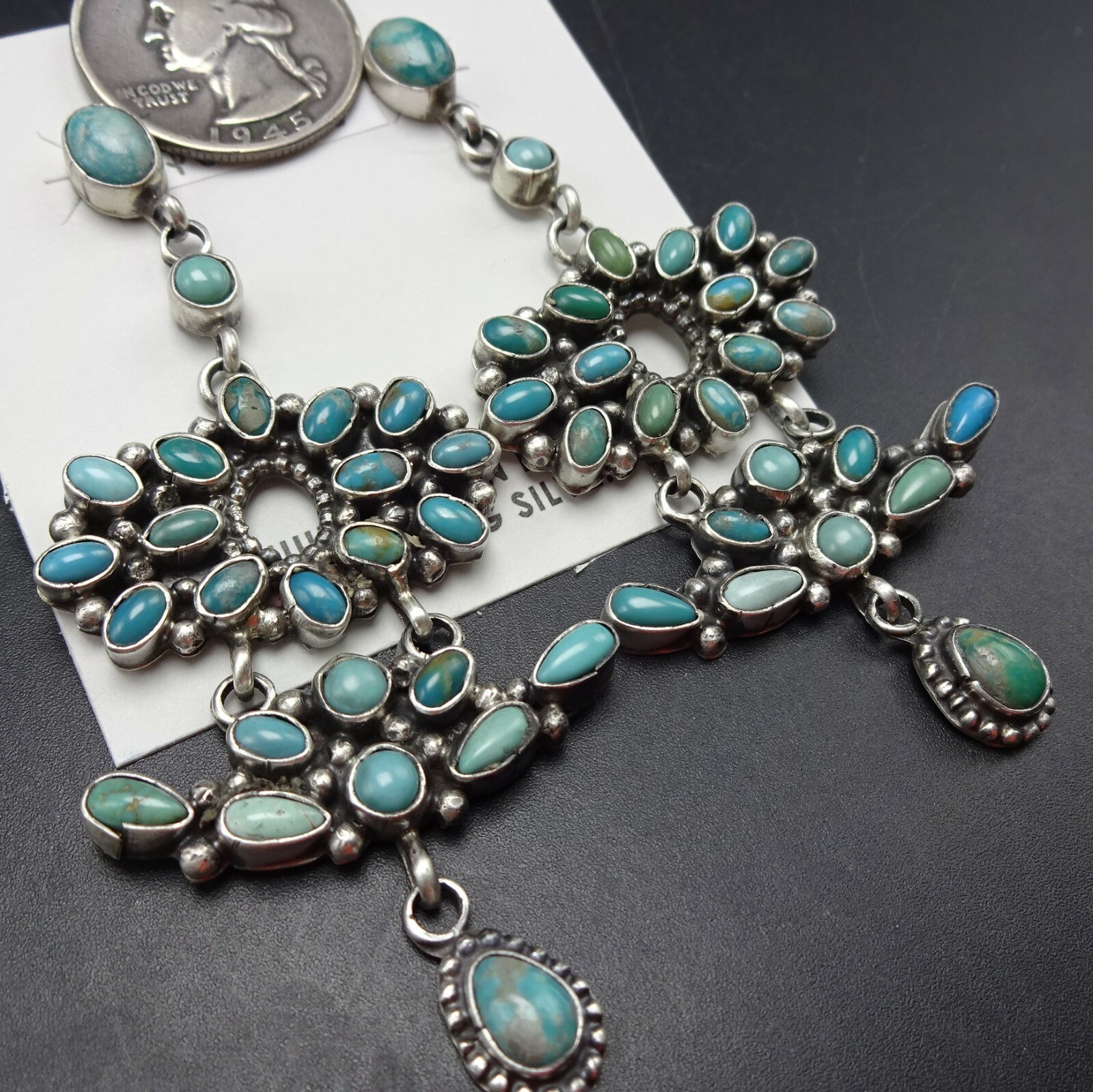 Spectacular NAVAJO Sterling Silver TURQUOISE Chandelier Cluster EARRINGS