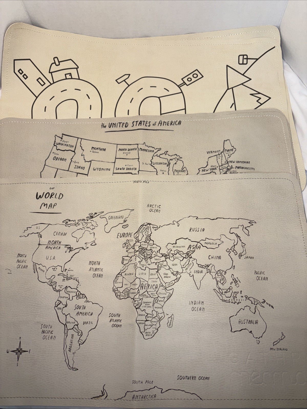 Lot Of 6 Gathre Bonded Leather Placemats Mermag USA Map World Map Lot Of 6 Gathre Bonded Leather Placemats Mermag USA Map World Map