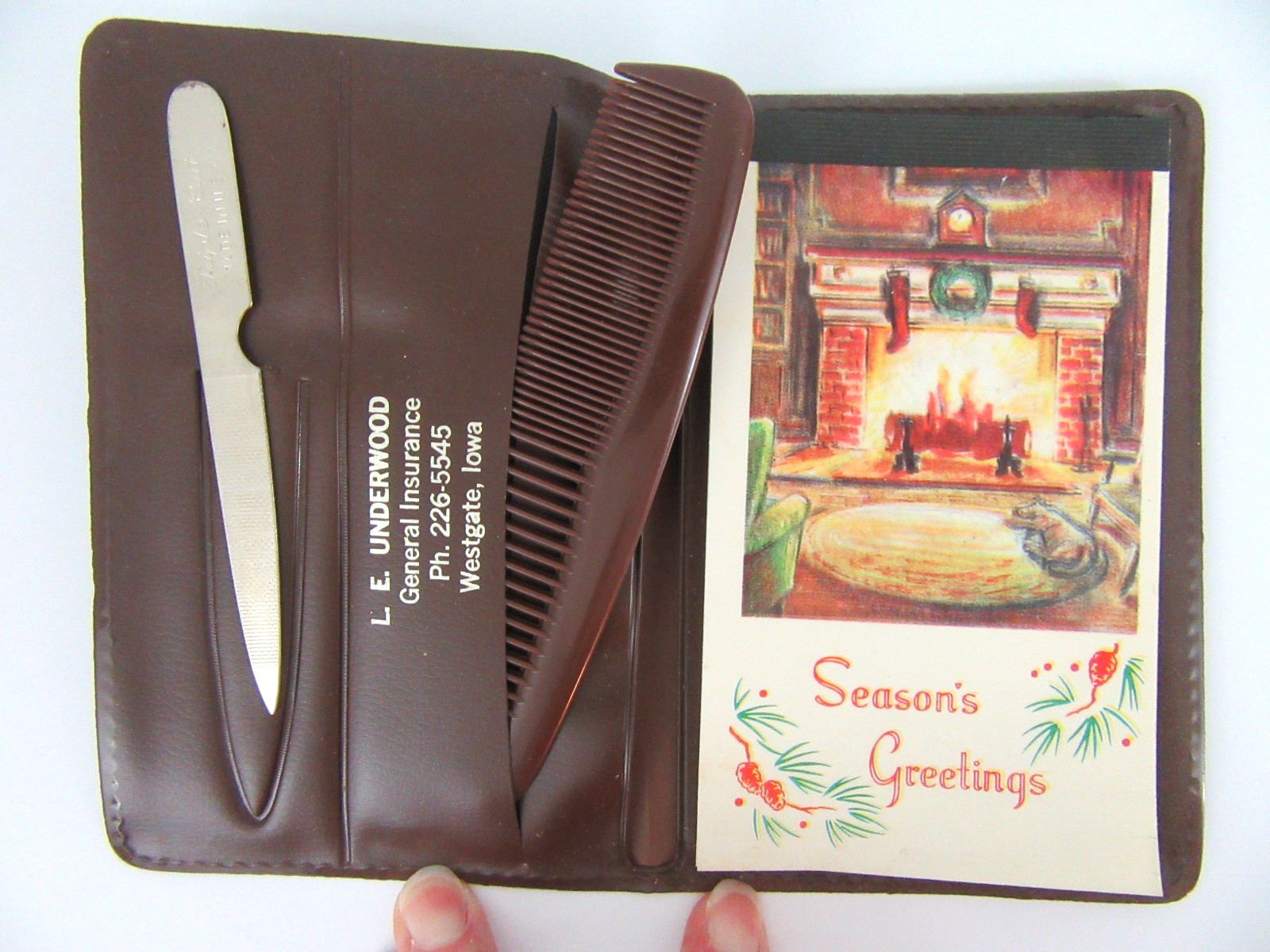Vintage 60's Advertising Pocket Notepad, File, Comb - Brown Faux  Leather