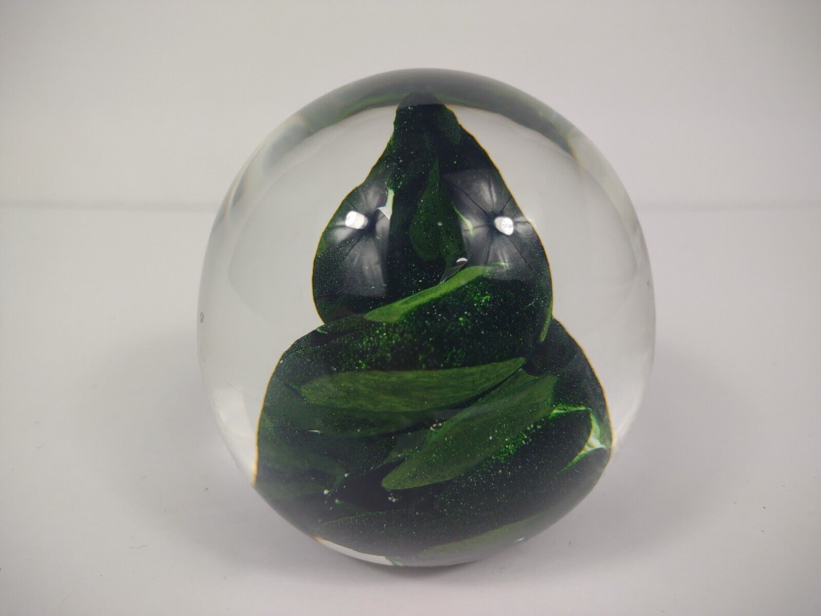 Vintage Titan 1998 Art Glass Paperweight Green Swirl Flecks Round Orb signed