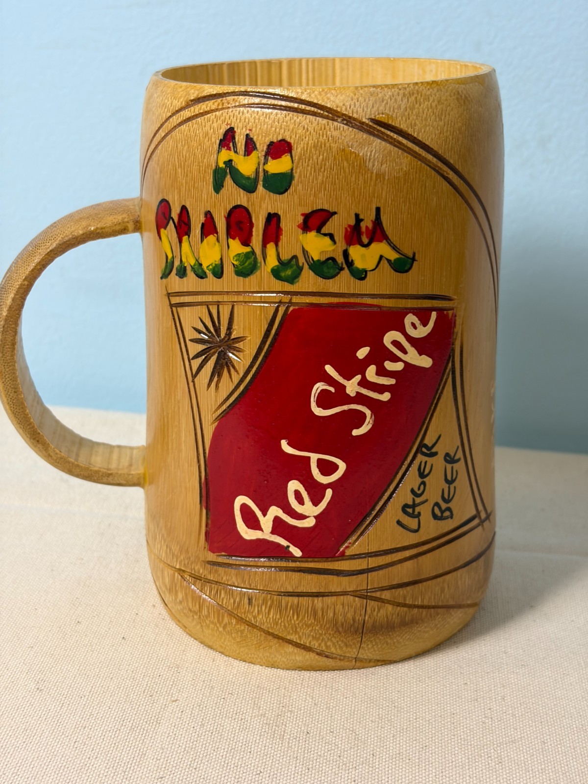 Vintage Red Stripe Beer Bamboo Mug Stein Jamaica No Problem Carved Tiki Bar 7in