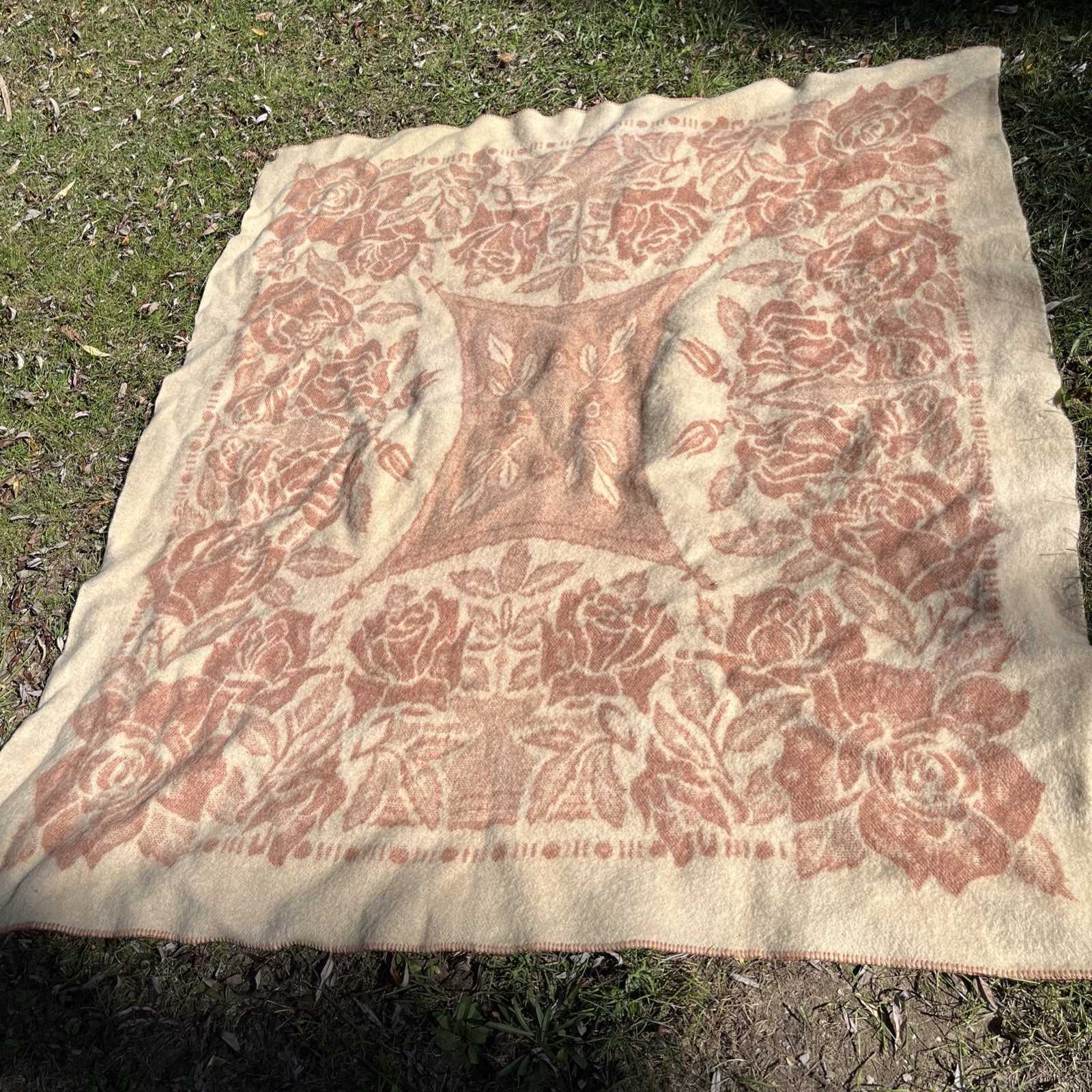 Vintage Golden Dawn 100% Wool Blanket Pink Rose Floral Reversible 50s 1950s