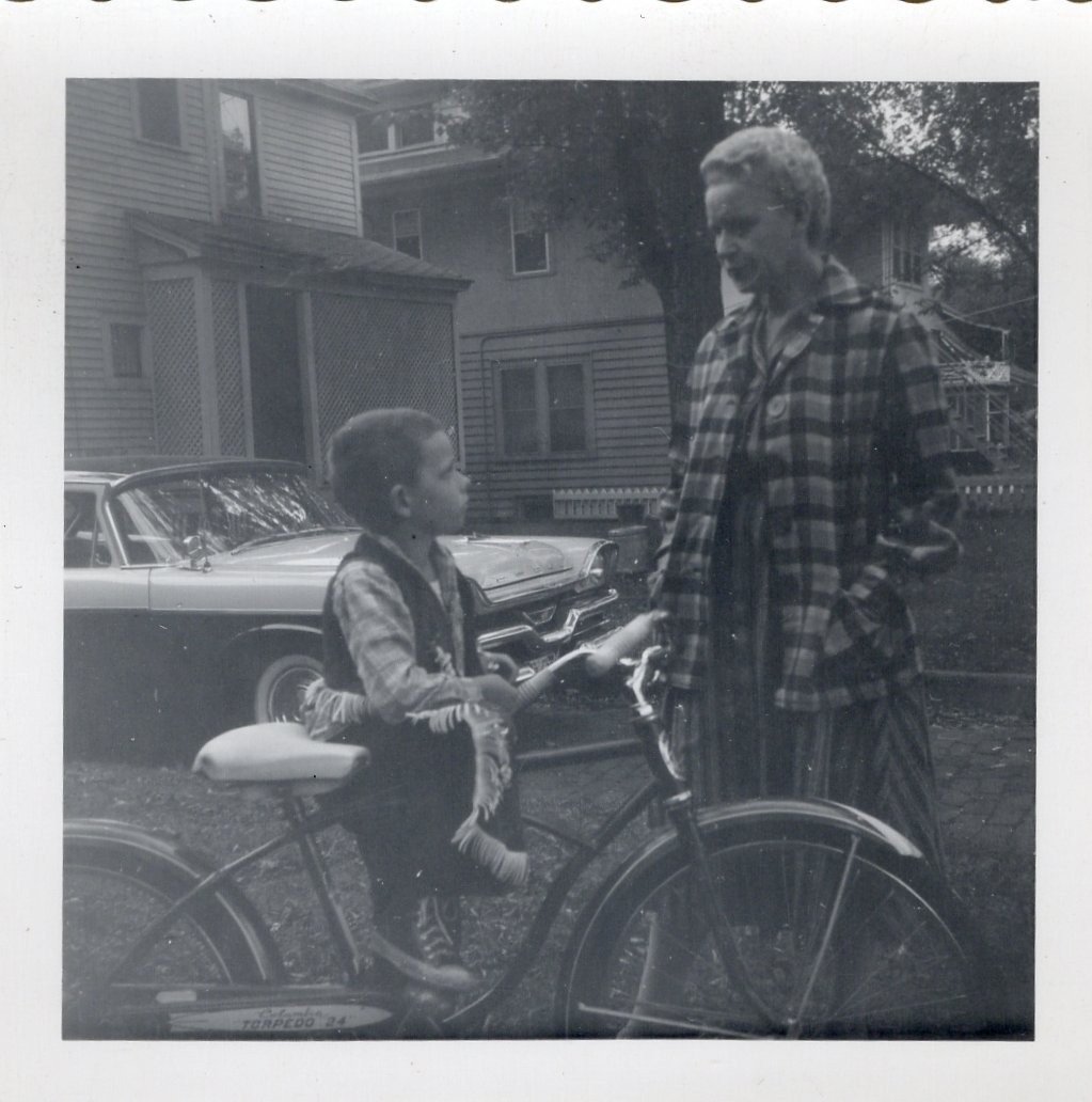 Little Boy Child Riding Torpedo Bike In Cowboy Costume Woman Vtg Photo Snapshot