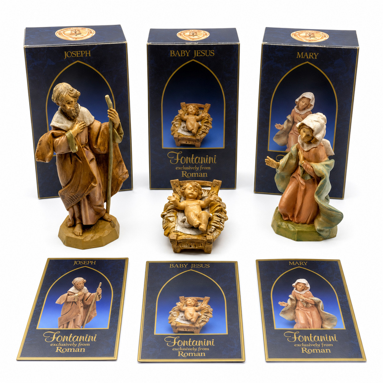 Vtg 1991 Fontanini Holy Family Jesus Mary Joseph 3pc Nativity Set w/ Box & Cards