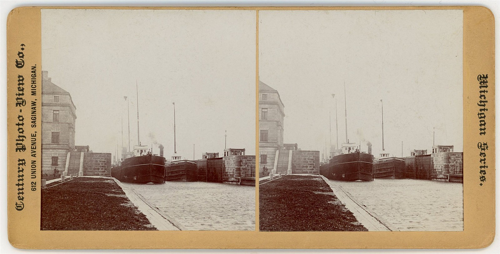 MICHIGAN STEREOVIEW - Sault Ste Marie - Ship in Locks - Century Photo-View Co