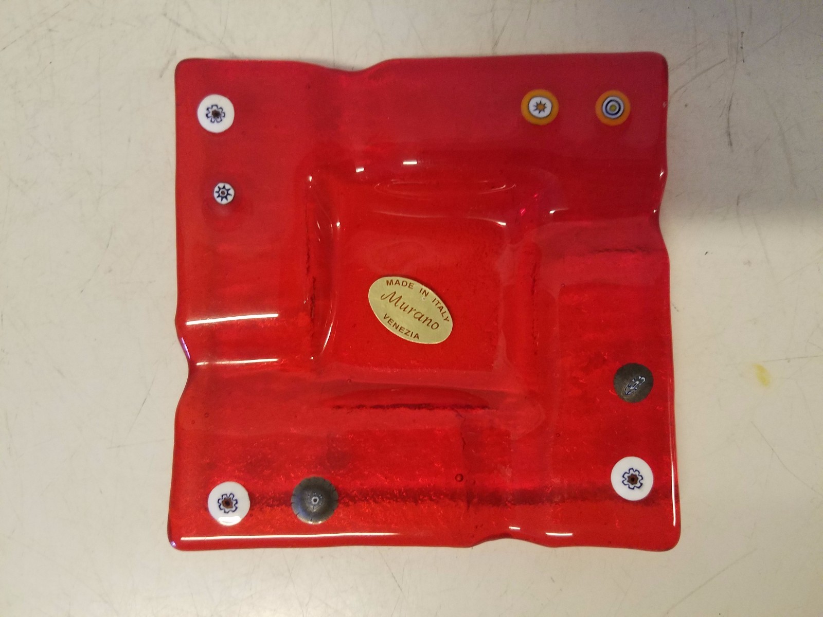 Vintage Murano Venezia Italian Square Red Ashtray with Spotted Decorations