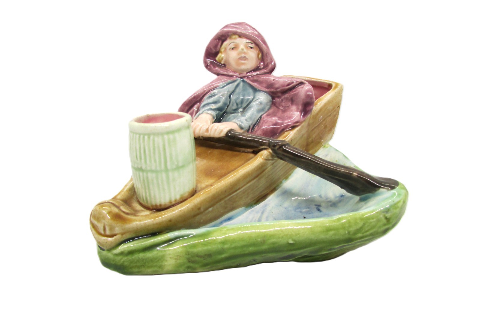 Majolica Austrian Match Holder Figural Girl in Row Boat c. Early 1900s