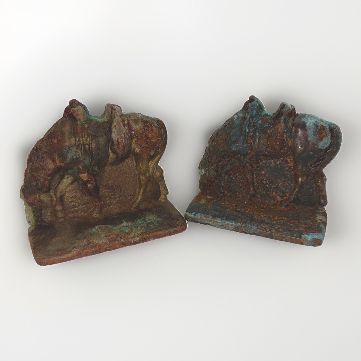 Vintage Cast Metal Western Horse Bookends Saddled Equine Rustic Verdigris Pair Vintage Cast Metal Western Horse Bookends Saddled Equine Rustic Verdigris Pair