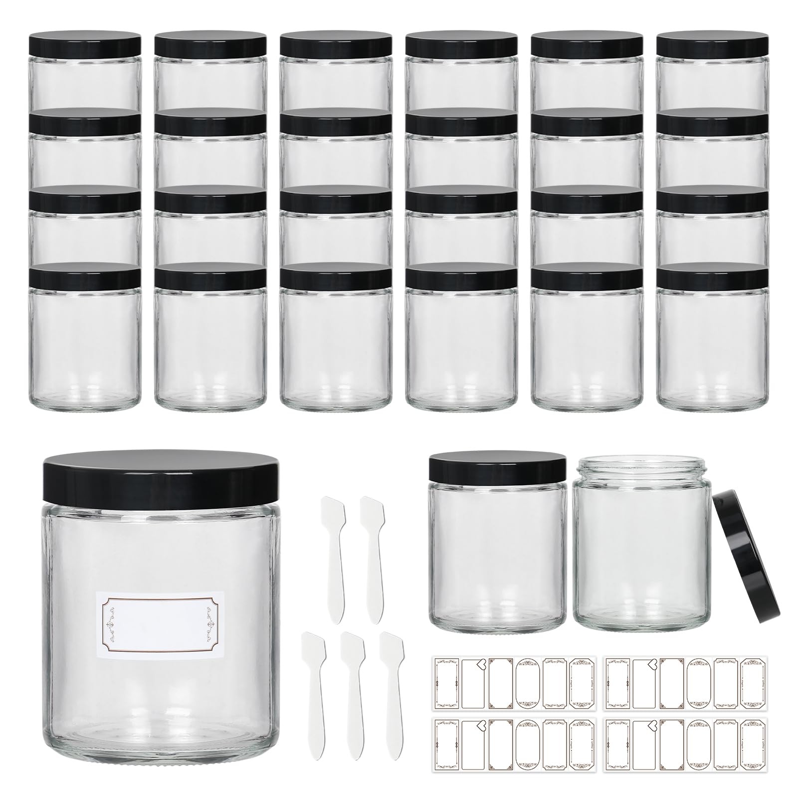 24 Pack 8 oz Clear Glass Jars with Black Lids