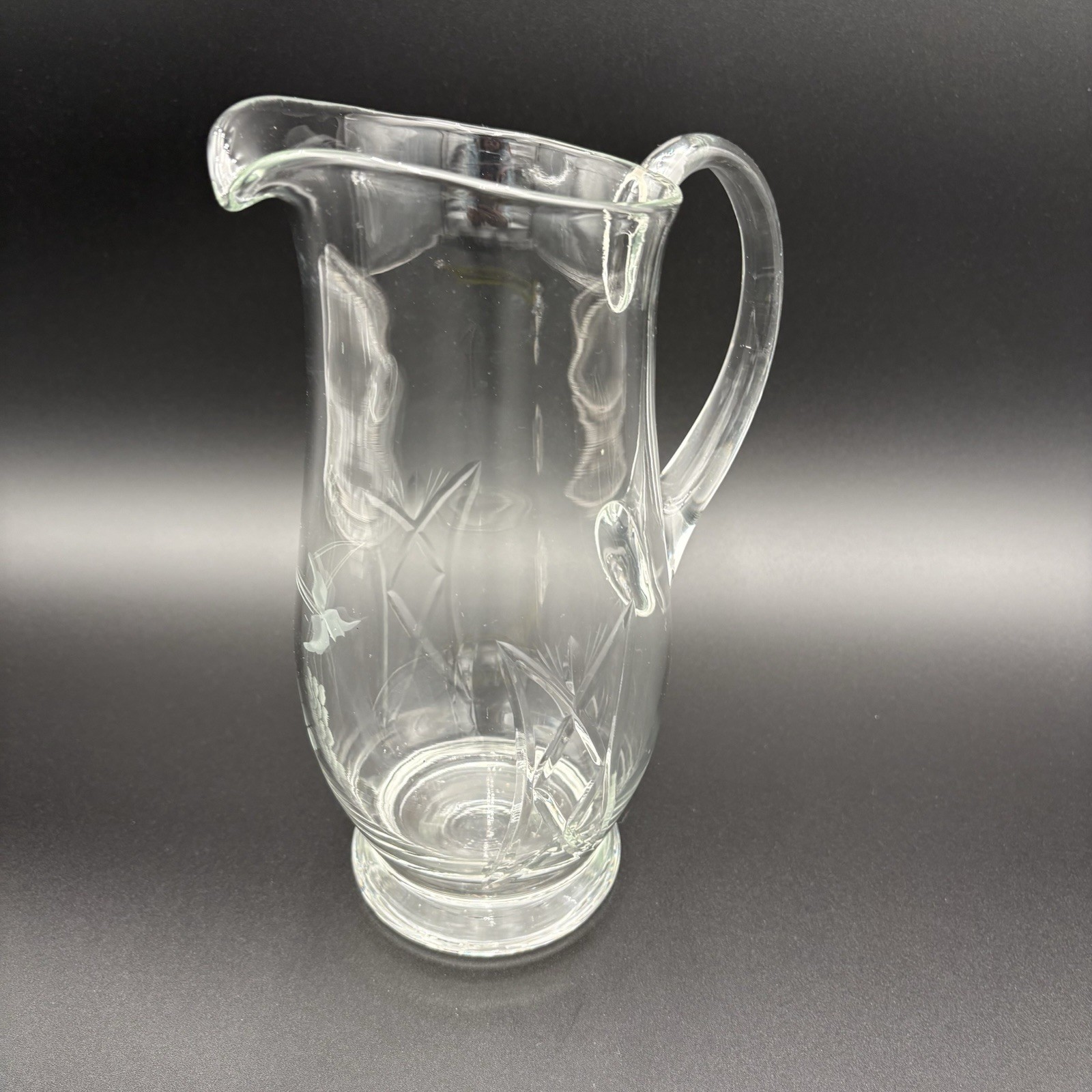 Vintage Etched Cut Glass Pitcher Slender 9.5”