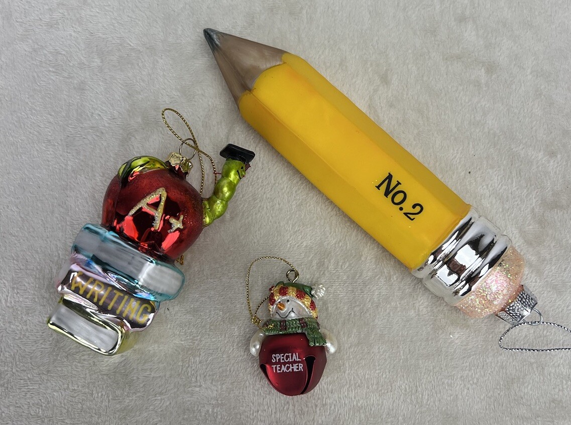 Vtg Christmas Glass Ornaments No.2 Pencil Apple & Bell Lot Of 3 Teacher