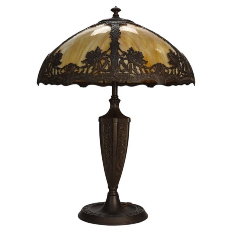 Arts & Crafts Royal Art Glass Co. 6-Panel Slag Glass Table Lamp Unsigned C1920 Arts & Crafts Royal Art Glass Co. 6-Panel Slag Glass Table Lamp Unsigned C1920