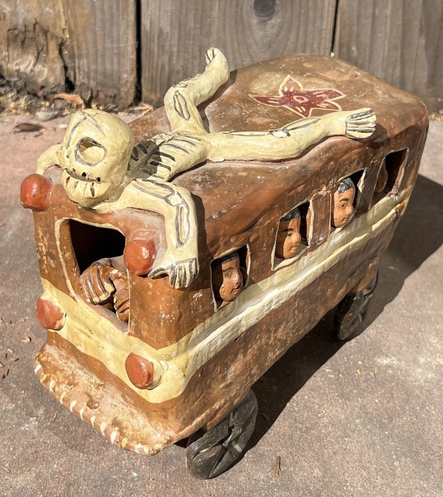 Vintage Mexican Folk Art Pottery Day of the Dead Skeleton Devil Bus