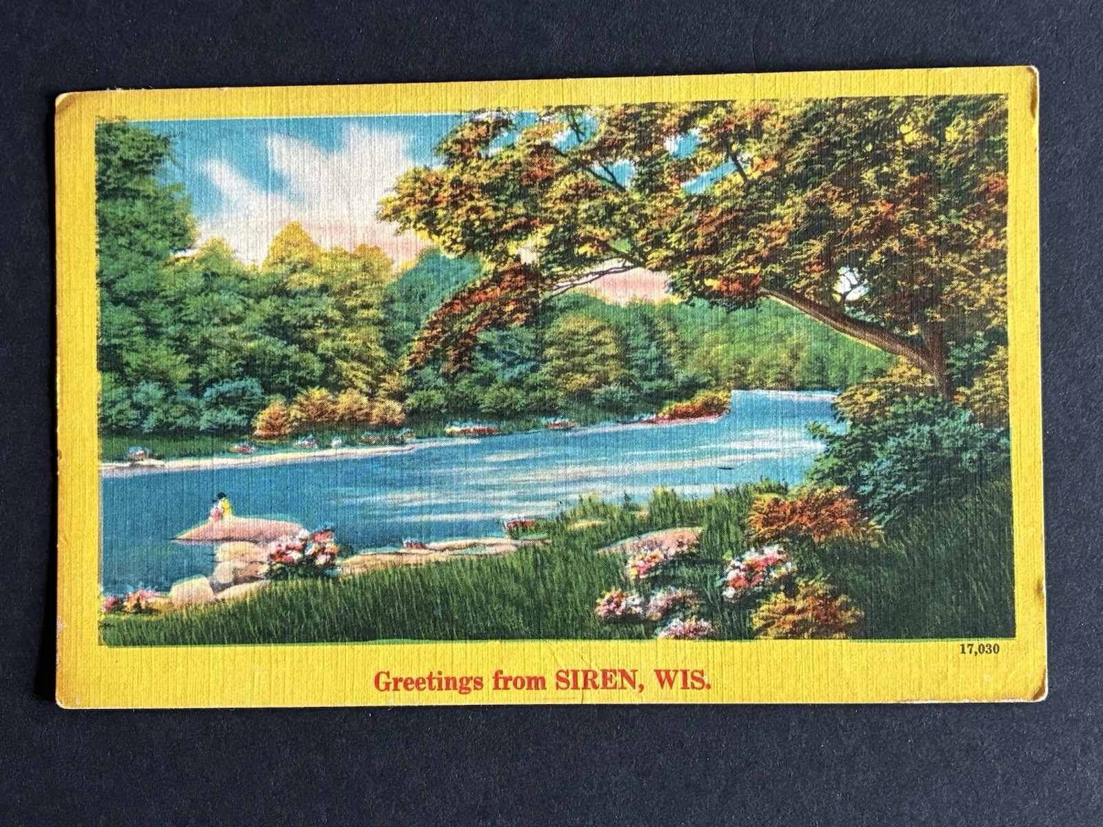 ⁠Vintage Linen Postcard Greetings From Siren WIS Lake View Landscape 17030⁠