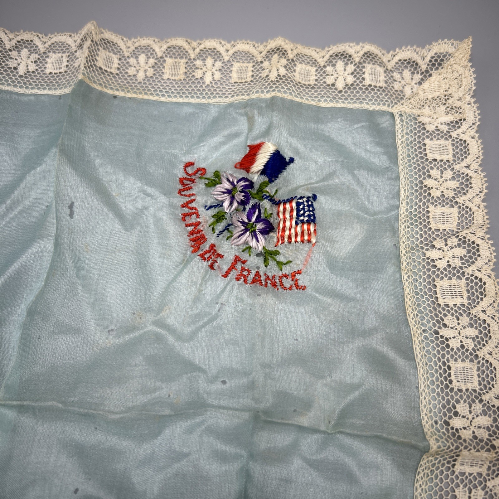 Antique WW1 Era French American Souvenir Silk Lace Embroidered Handkerchief