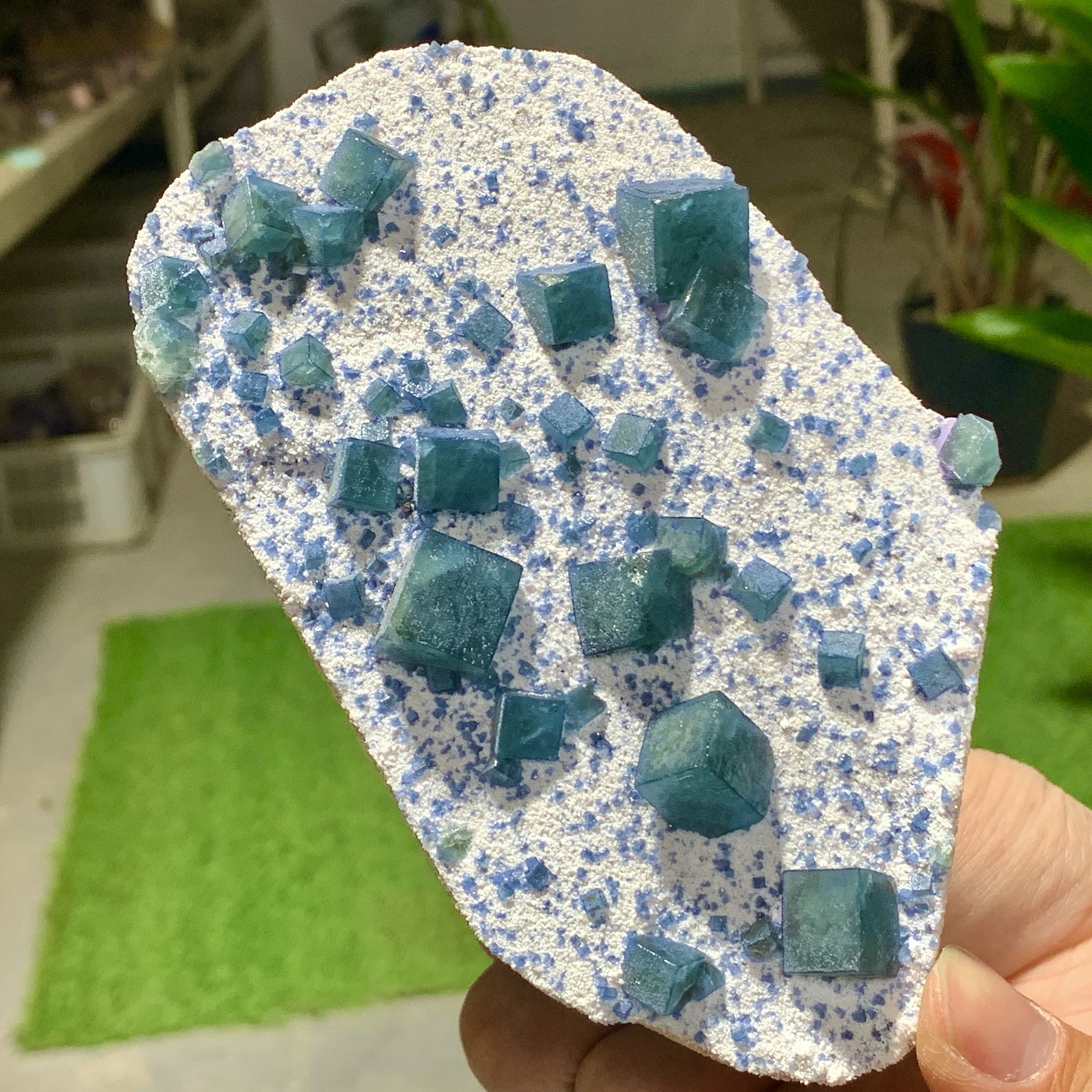 375G  Natural transparent blue green cubic fluorite mineral crystal sample/China