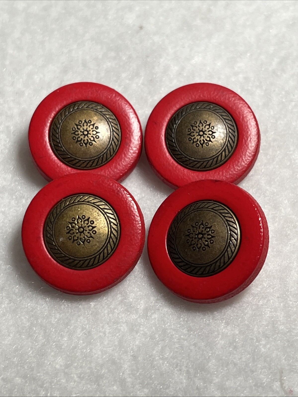 4 Vtg 7/8” Engraved Bright Red Brass Flower Buttons 1935, Rare, Collectible