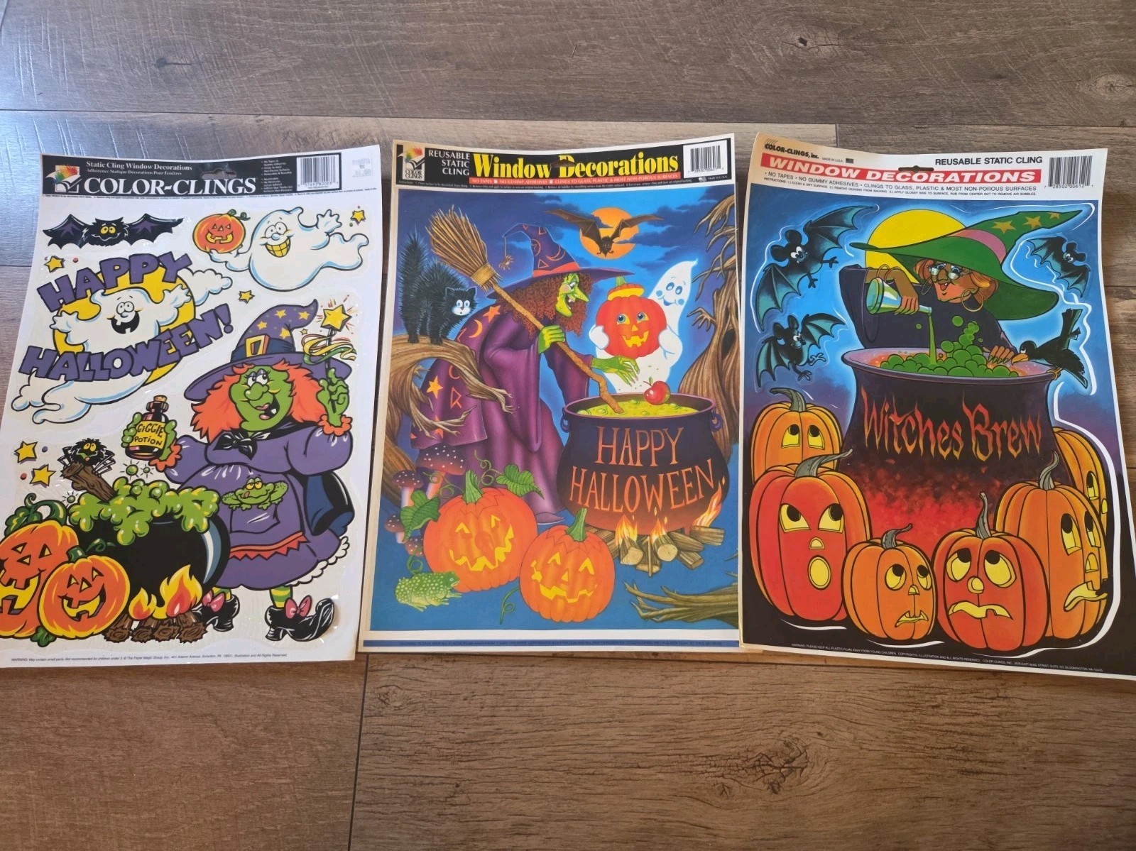 Vtg Classic Clings Lot of 3 Halloween Window Cling Witch Ghosts Pumpkins 