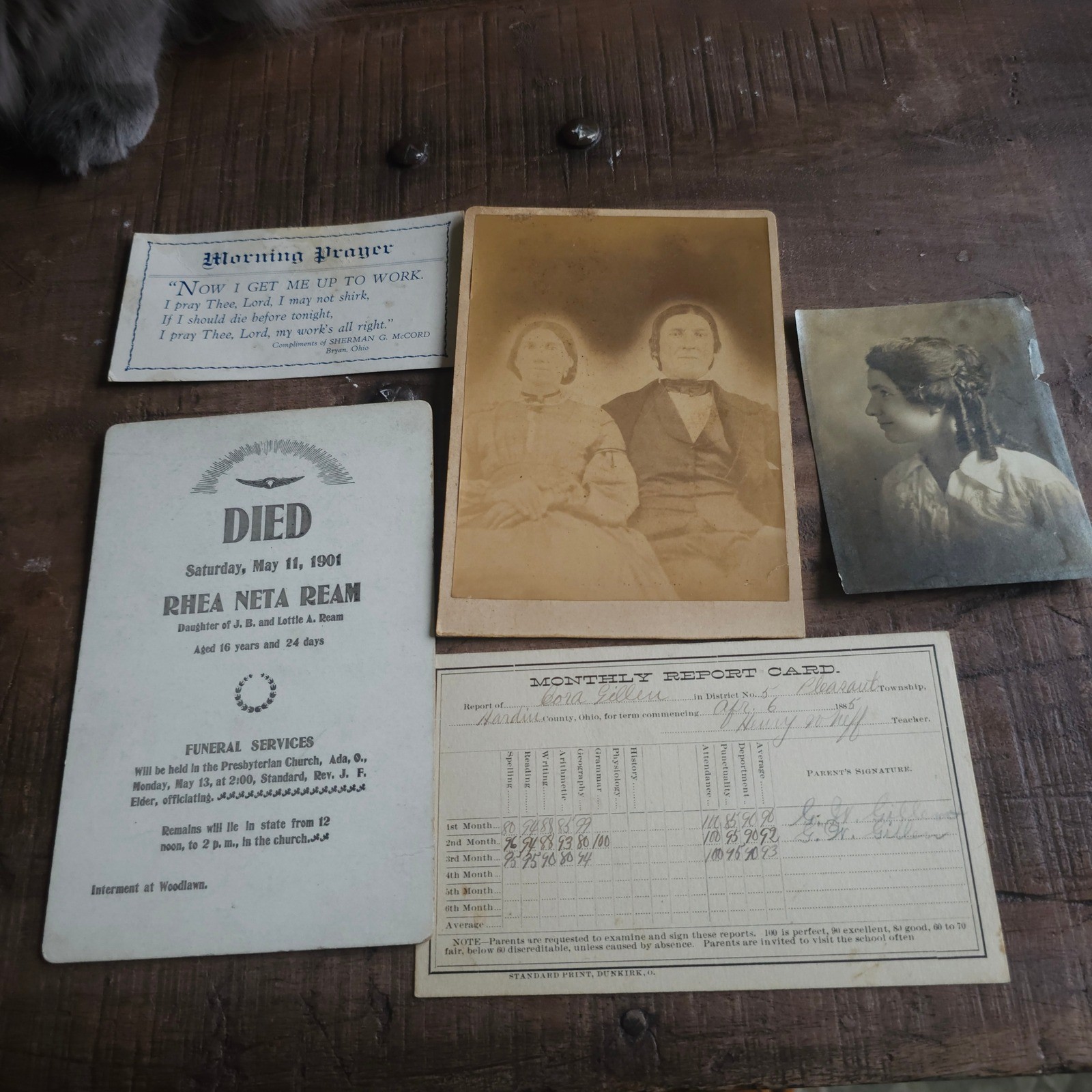 Ohio Ephemera Lot 1885 Report Card Funeral Notice Cabinet Card Photo Antique