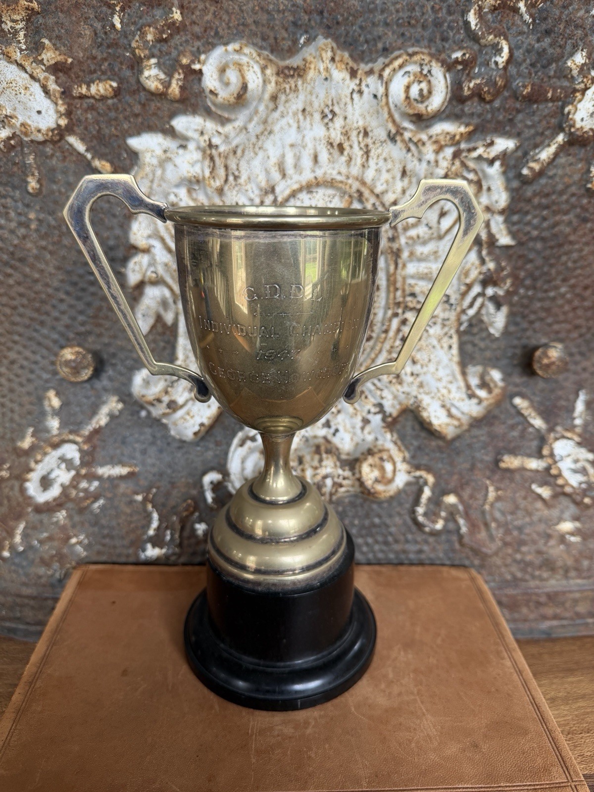 Vintage English Silverplated  Loving Cup Trophy w/ Handles and stand, c. 1947