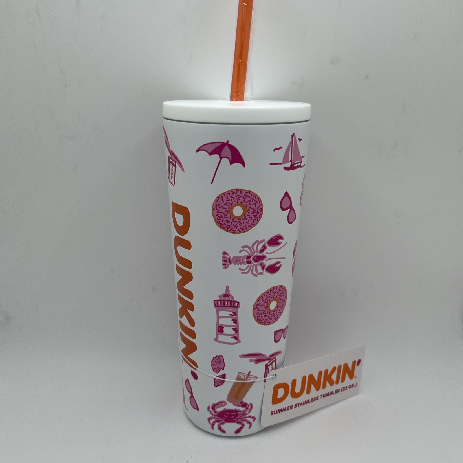 RARE Dunkin’ Donuts Coffee Summer 2026 TUMBLER White w/Straw Pink Crab Shark NWT RARE Dunkin’ Donuts Coffee Summer 2026 TUMBLER White w/Straw Pink Crab Shark NWT