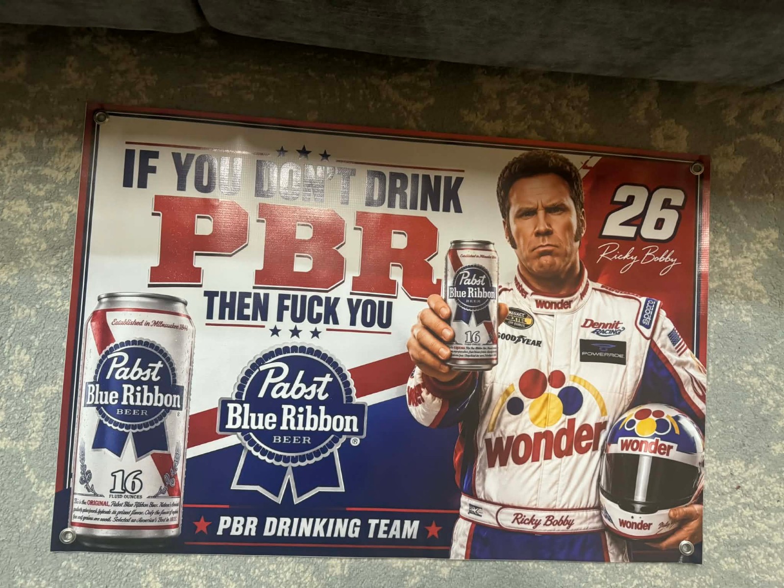 PBR Ricky Bobby Banner 36x24 Funny Pabst Blue Ribbon Beer Sign Talladega Nights